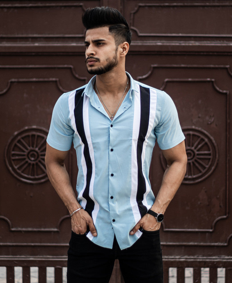 Sky Blue Double Stripe Half Sleeves Shirt