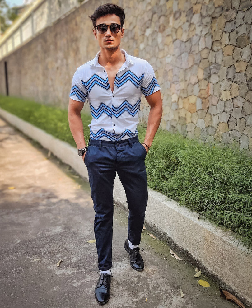 White Zig Zag Printed Half Sleeves Shirt