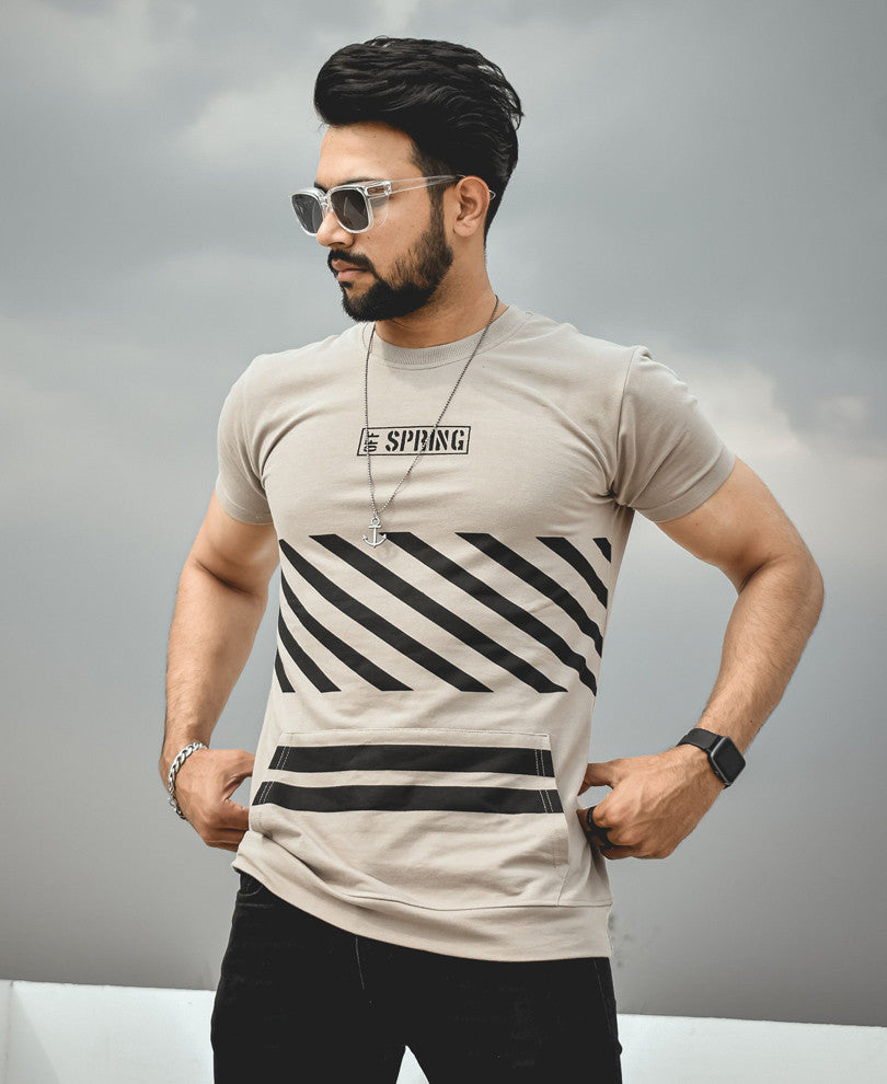 Beige Off Spring Printed Half Sleeves T Shirt