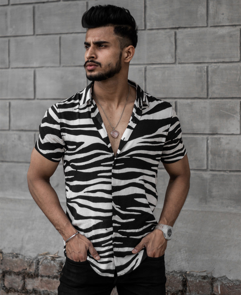 White Zebra Print Half Sleeves Shirt
