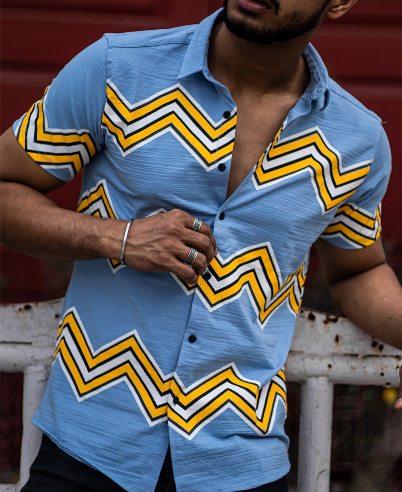 Sky Blue Zig Zag Printed Half Sleeves Shirt