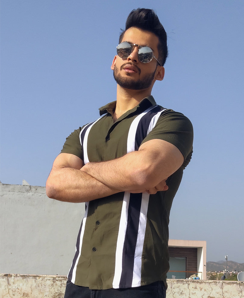 Olive Green Double Stripe Half Sleeves Shirt