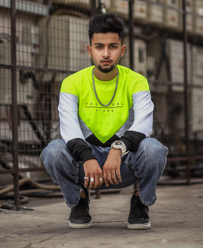 Neon Green Tropical Storm Printed Full Sleeves T-Shirt