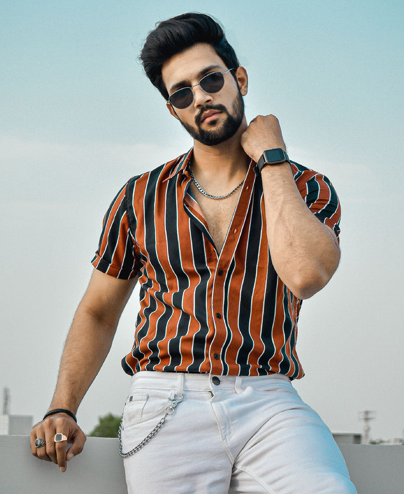 Brown and Navy Blue Stripes Half Sleeves Shirt