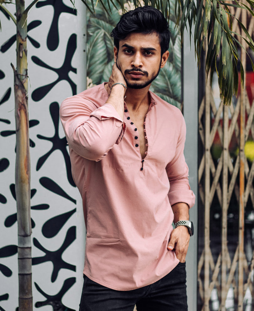 Peach Plain Kurta Full Sleeves Shirt