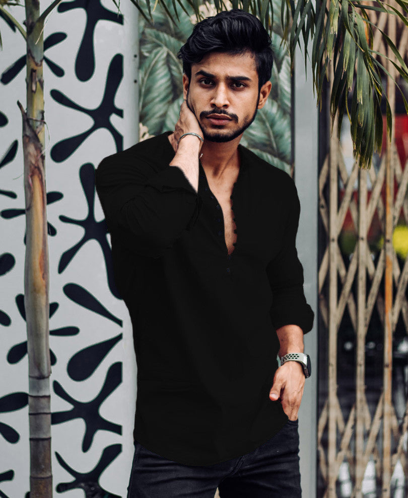 Black Plain Kurta Full Sleeves Shirt
