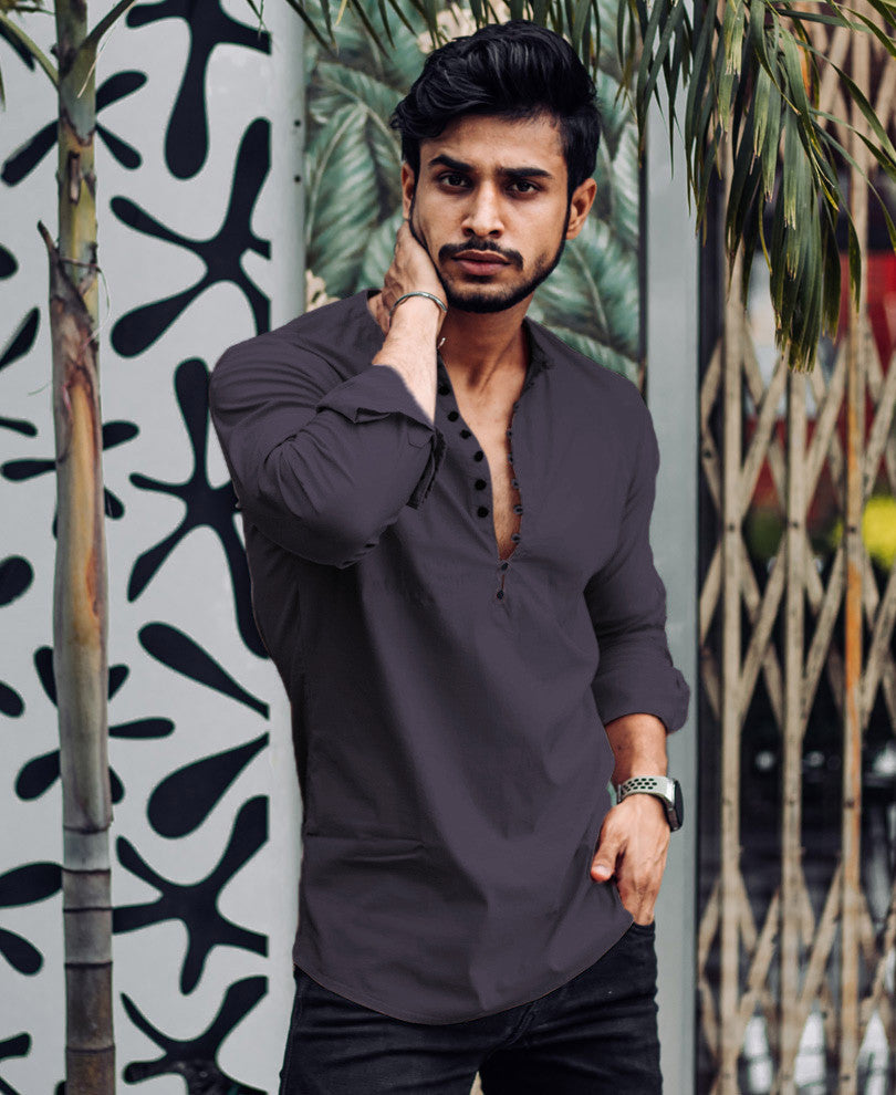 Grey Plain Kurta Full Sleeves Shirt
