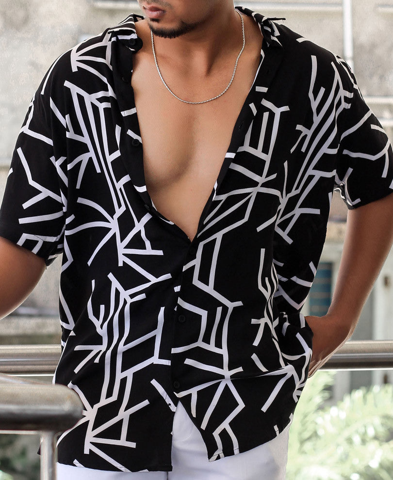 Black Abstract Striped Half Sleeves Shirt