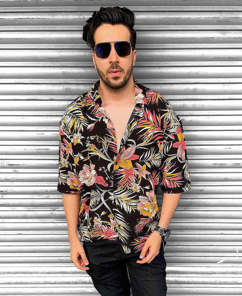 Mens Black Floral Oversize Drop Shoulder Shirt