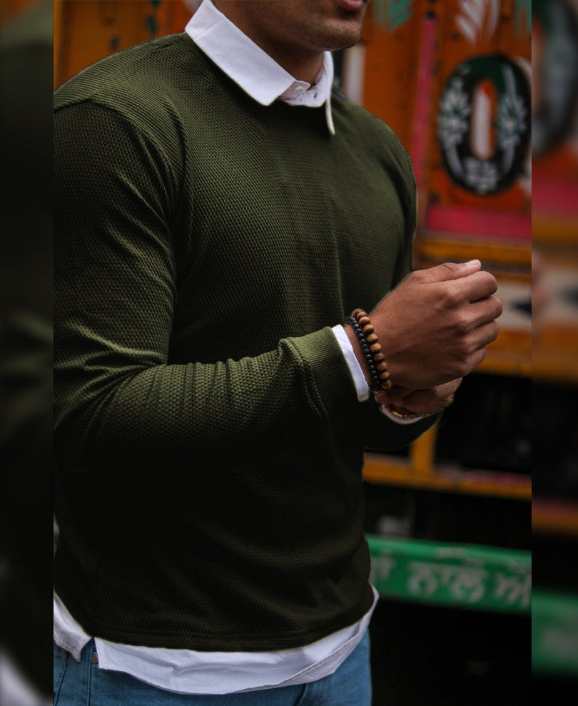 Green White Collar Full Sleeves T-Shirt