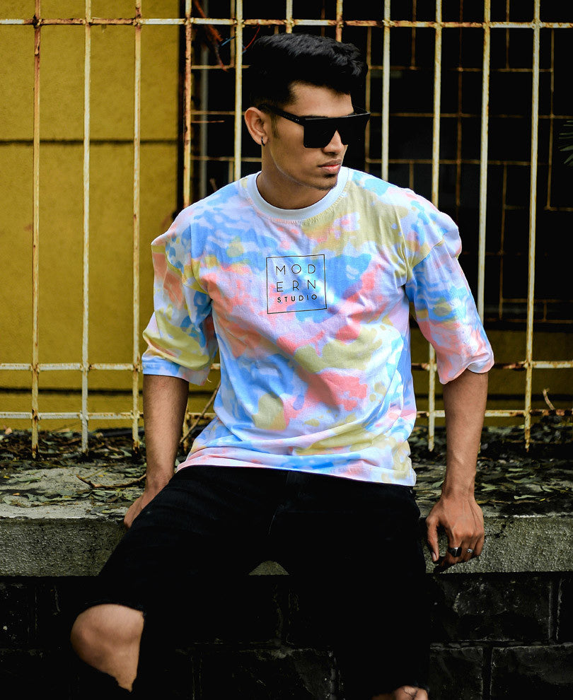 White Modern Studio Tie-Dye Print Oversize Drop Shoulder T Shirt