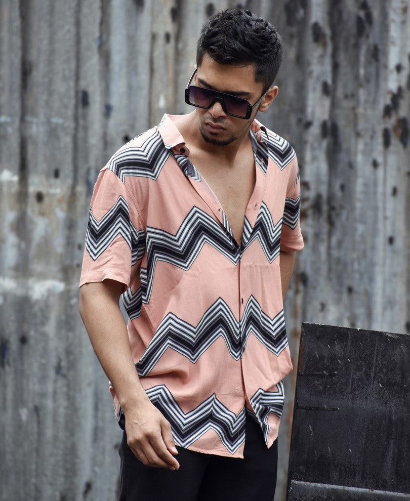 Pink Zig Zag Lines Print Half Sleeves Shirt