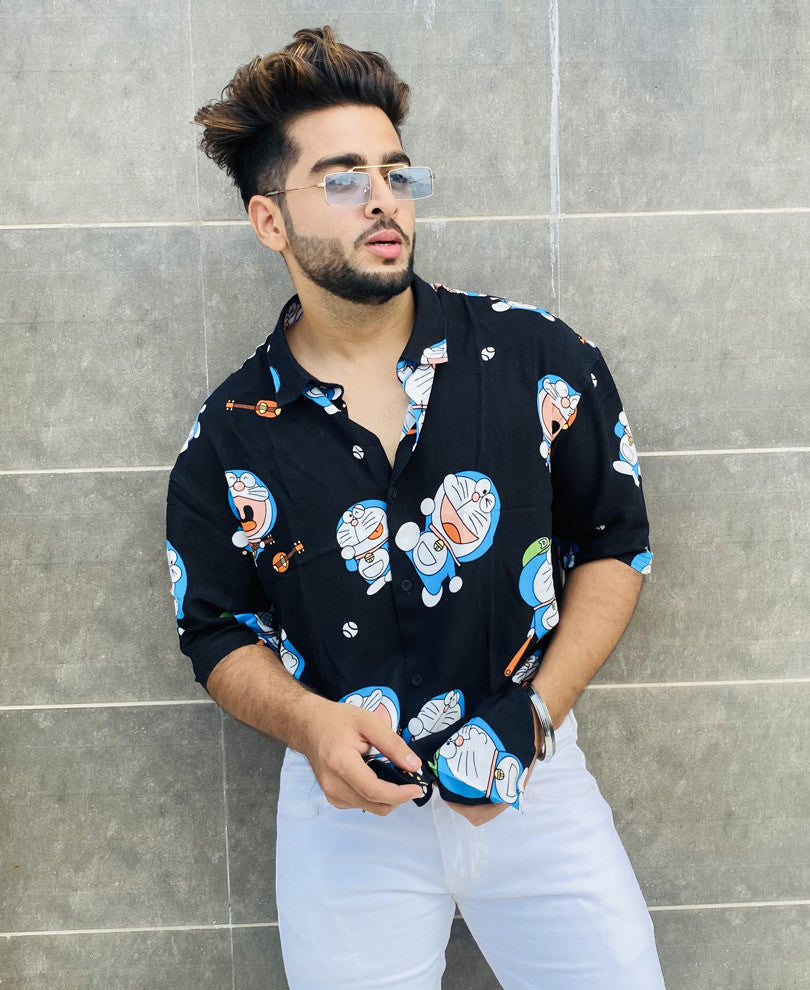 Black Doraemon Print Oversize Drop Shoulder Shirt