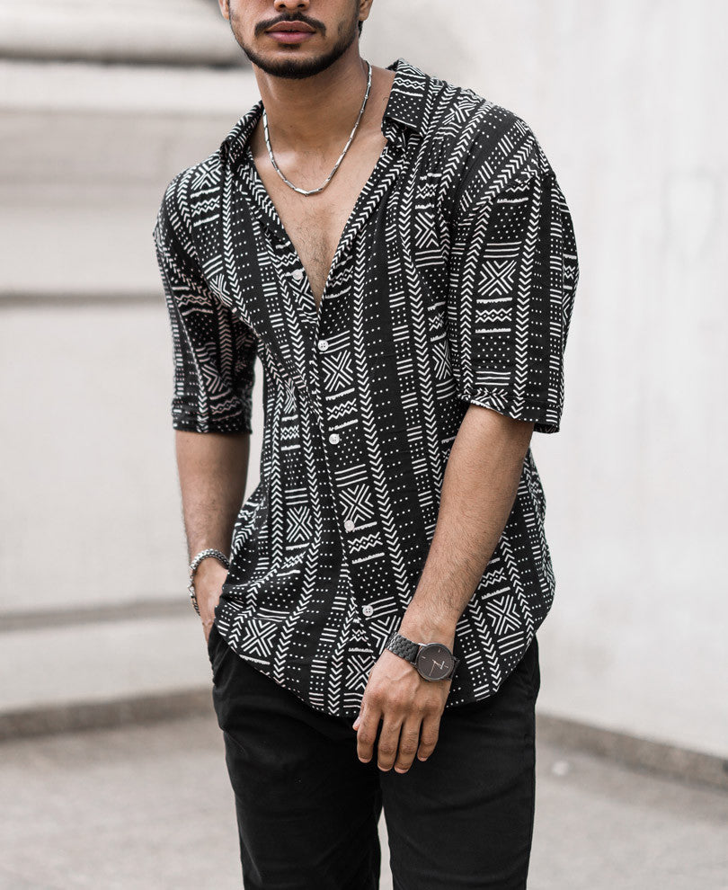 Black Ethnic Print Oversize Drop Shoulder Shirt