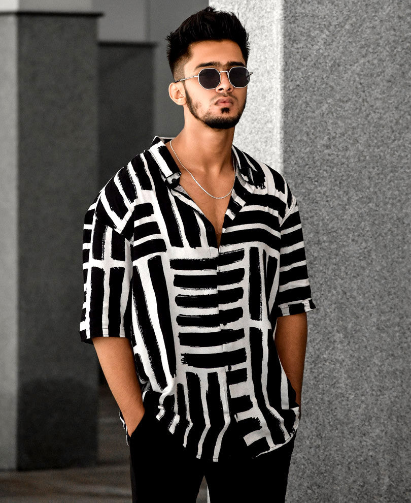 Black and White Multiple Stripes Oversize Drop Shoulder Shirt