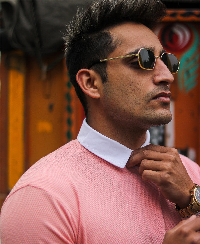 Peach White Collar Full Sleeves T Shirt