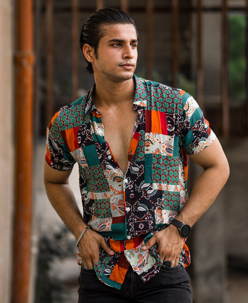 Mens Light Green Patchwork Print Half Sleeves Shirt