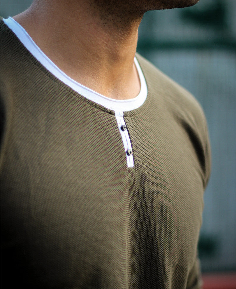 Olive Green Basic Henley Full Sleeves T Shirt