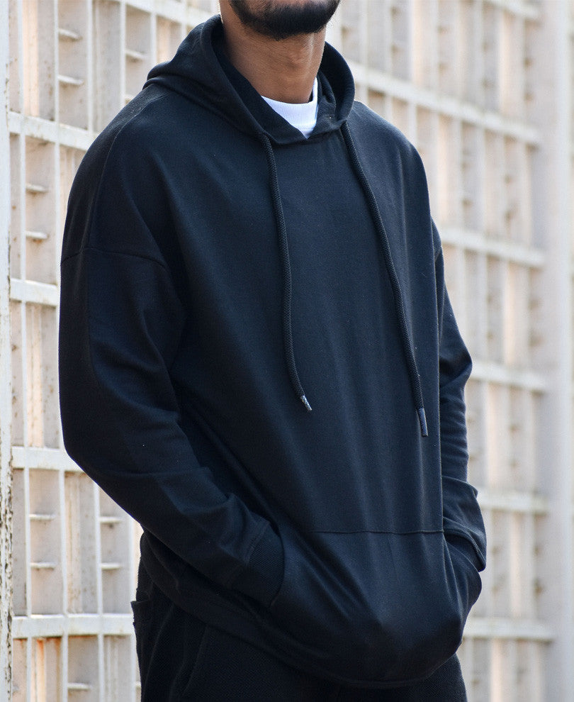 Black Plain Hood Full Sleeves T Shirt