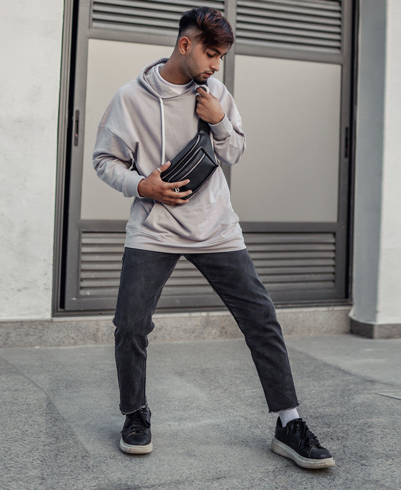 Grey Plain Hood Full Sleeves T Shirt