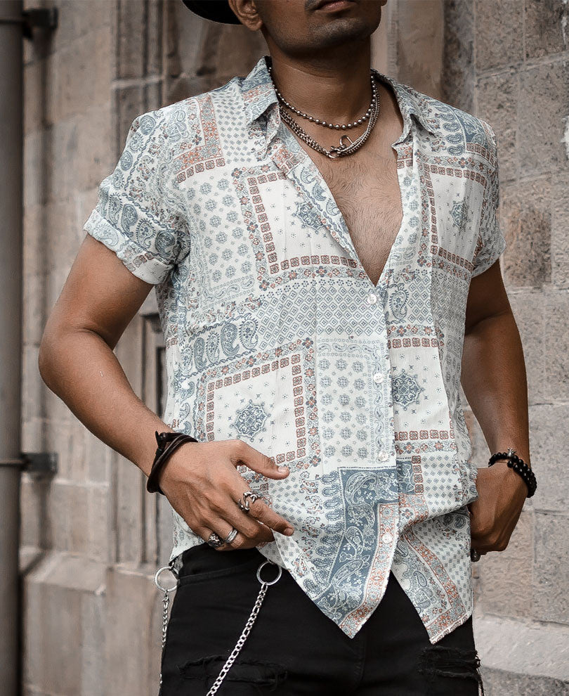 Light Green and White Bandana Print Half Sleeves Shirt