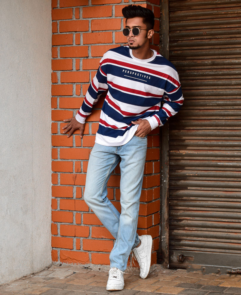 White and Blue Perspectives Stripe Oversize Drop Shoulder T Shirt