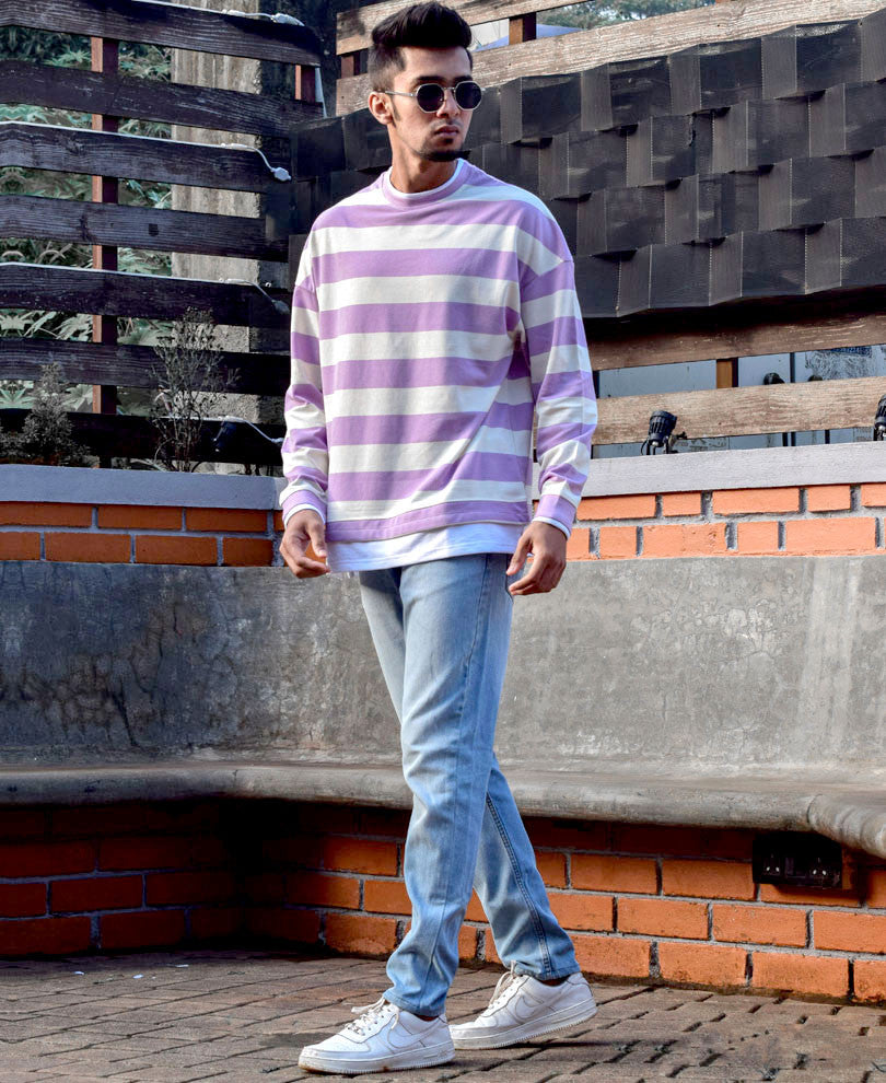 Purple and White Stripes Oversize Drop Shoulder T Shirt