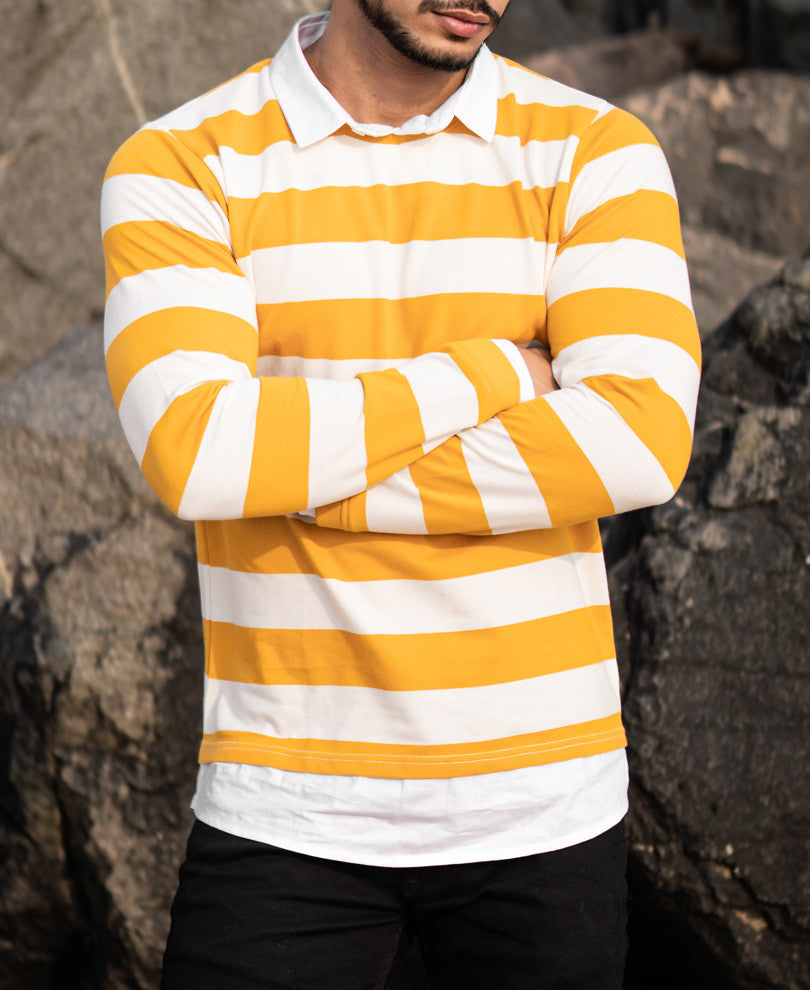 Mustard and White Collar Attached Full Sleeves T Shirt