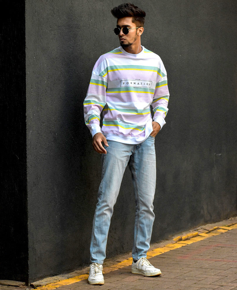 Pink and White Formation Stripes Print Full Sleeves T Shirt