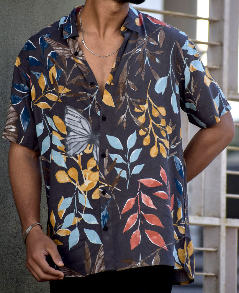 Grey Leaves Printed Half Sleeves Shirt