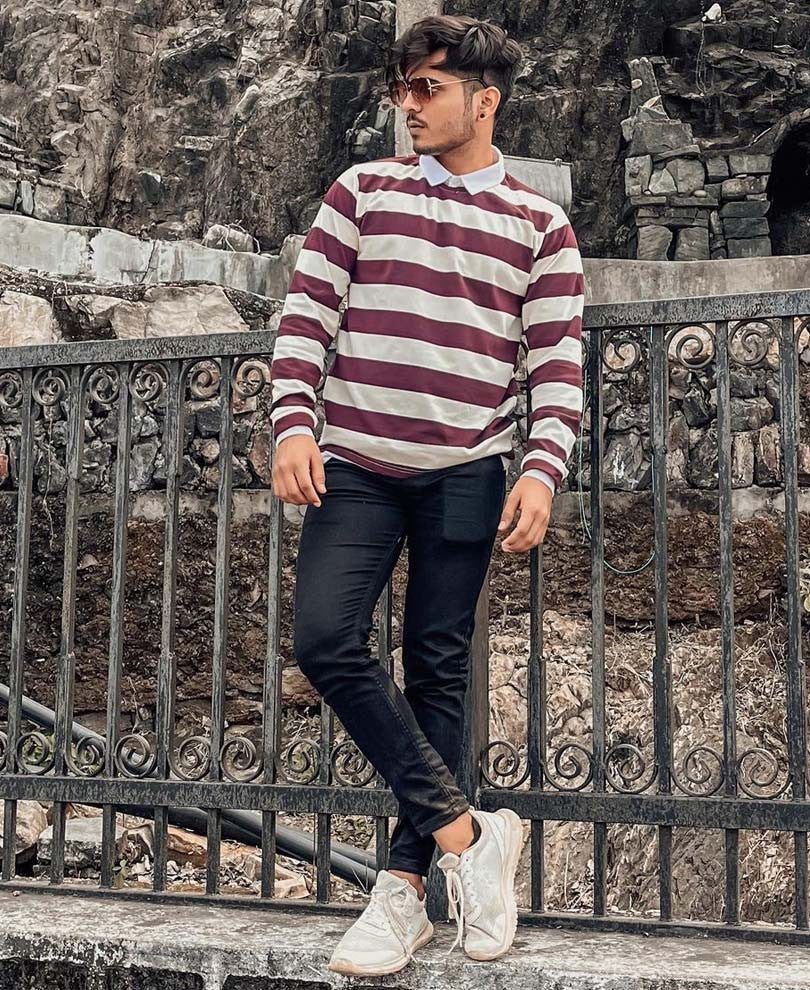 Maroon and White Collar Attached Full Sleeves T Shirt