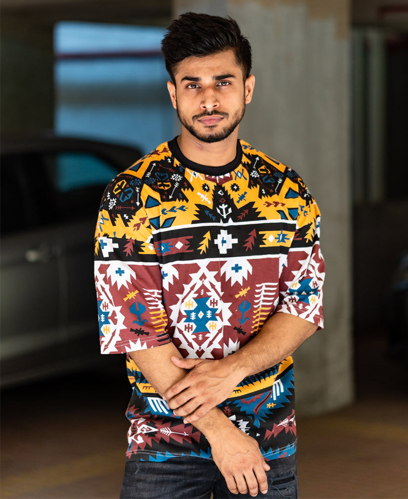 Maroon Abstract Print Oversize Drop Shoulder T Shirt