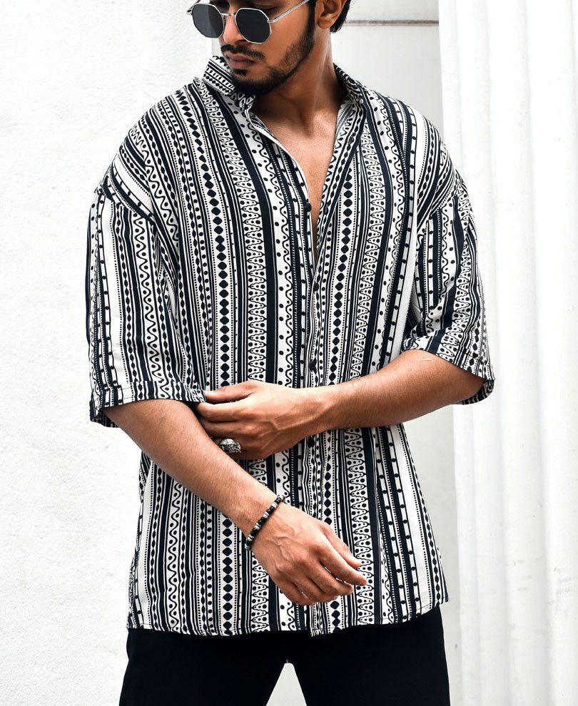 White Ethnic Print Oversize Drop Shoulder Shirt