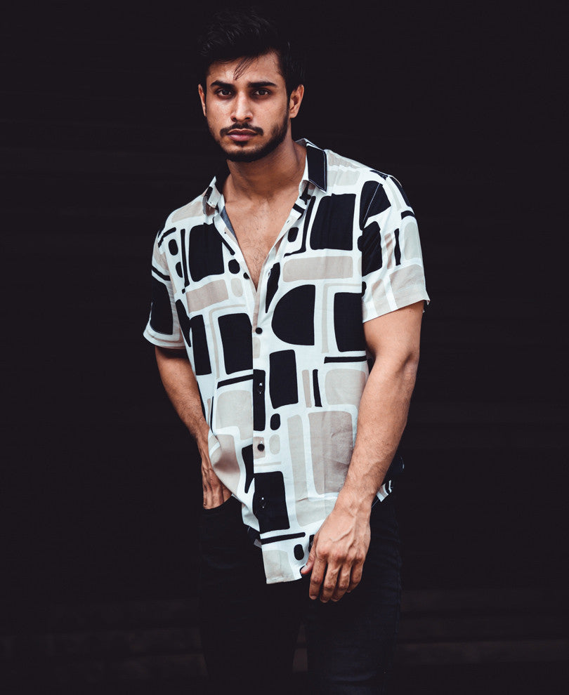 Black And Cream Icon Print Half Sleeves Shirt