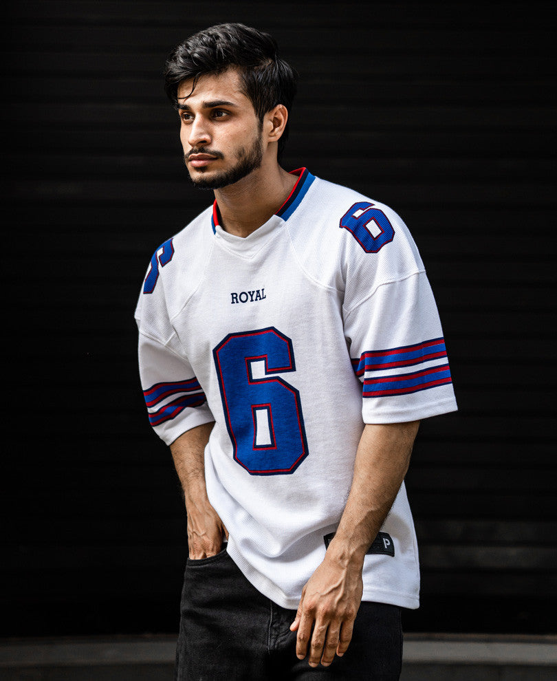 White Royal 6 Printed Oversize Drop Shoulder Jersey