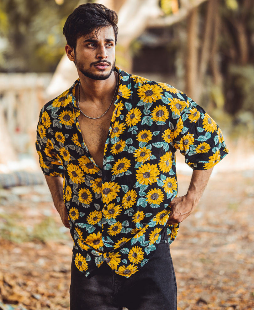 Black And Yellow Sunflower Print Oversize Drop Shoulder Shirt