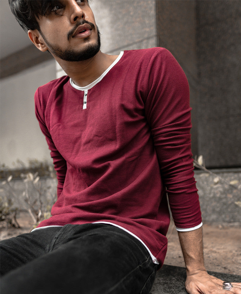 Maroon Basic Henley Full Sleeves T Shirt