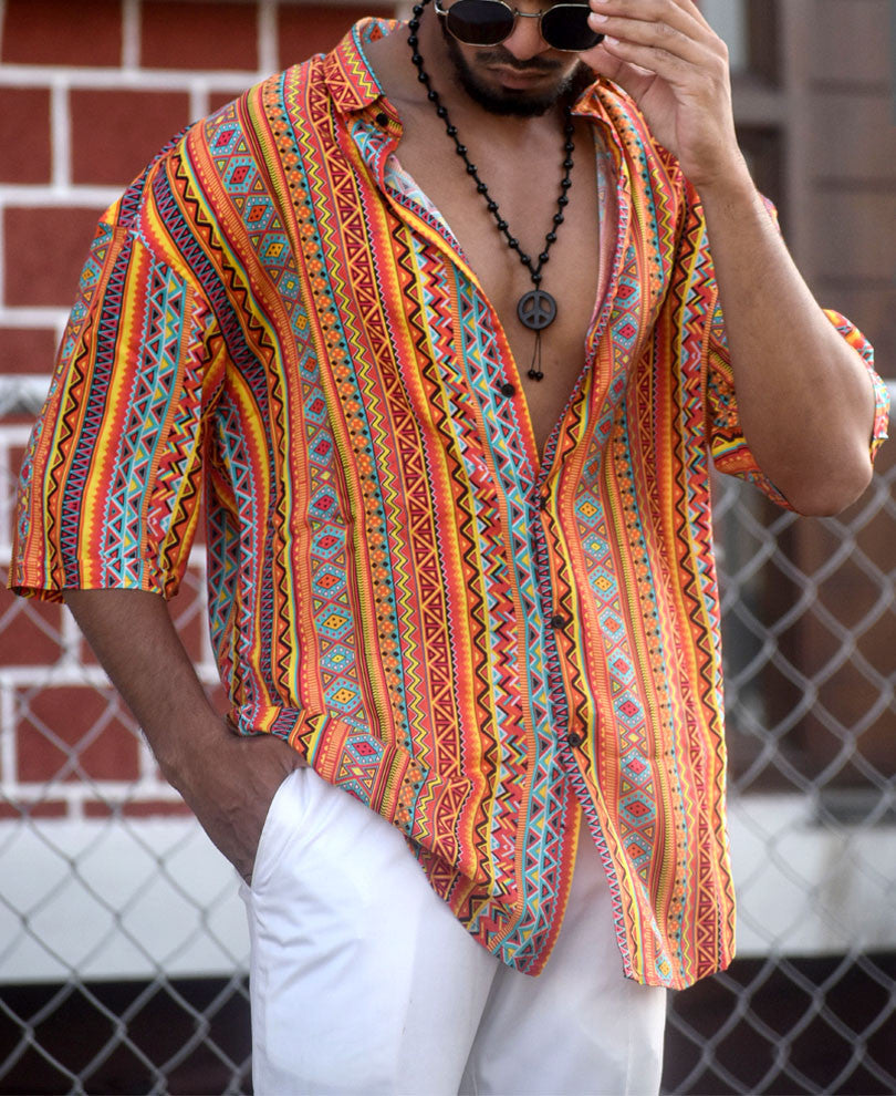 Orange Ethnic Print Oversize Drop Shoulder Shirt