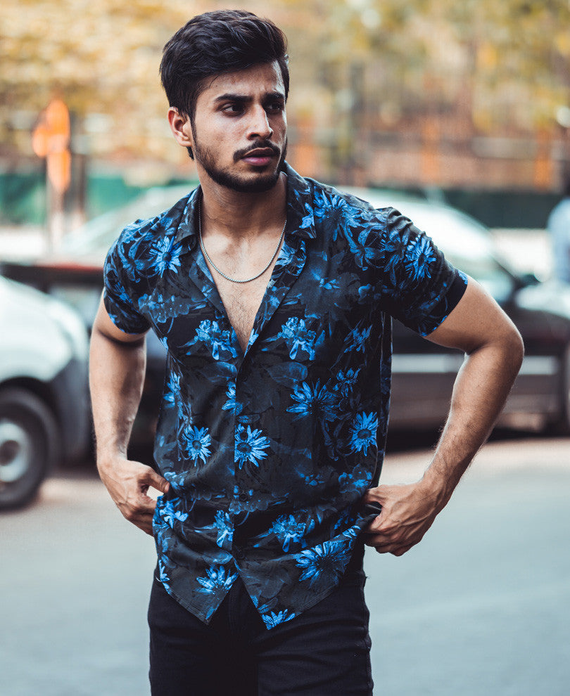 Blue Sunflower Print Half Sleeves Shirt