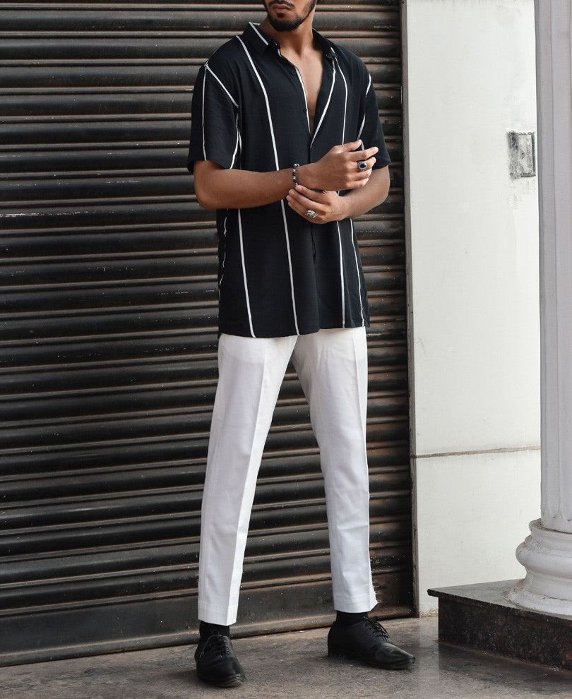 Black With White Vertical Stripe Half Sleeves Shirt