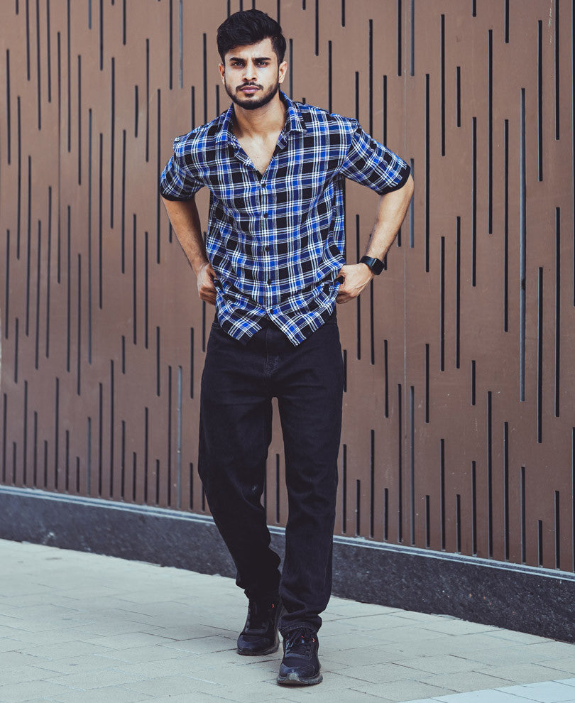 Blue And Black Checks Oversize Drop Shoulder Shirt