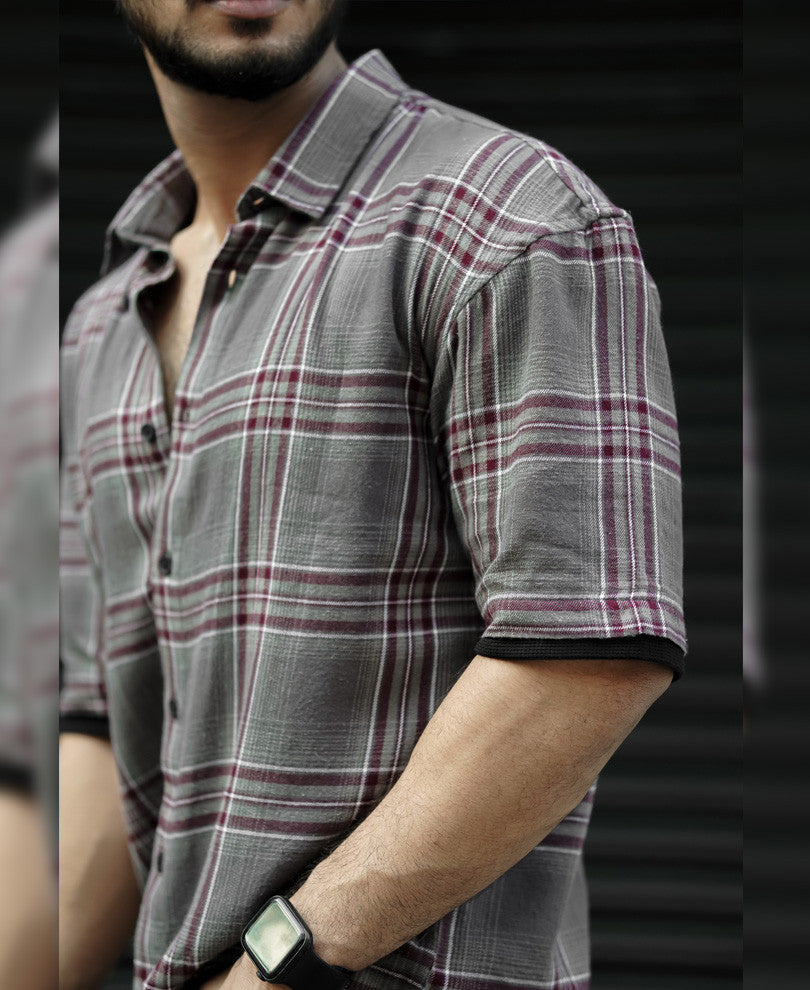 Dark Grey Checks Oversize Drop Shoulder Shirt