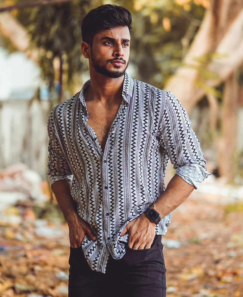 Black And White Ethnic Print Full Sleeves Shirt