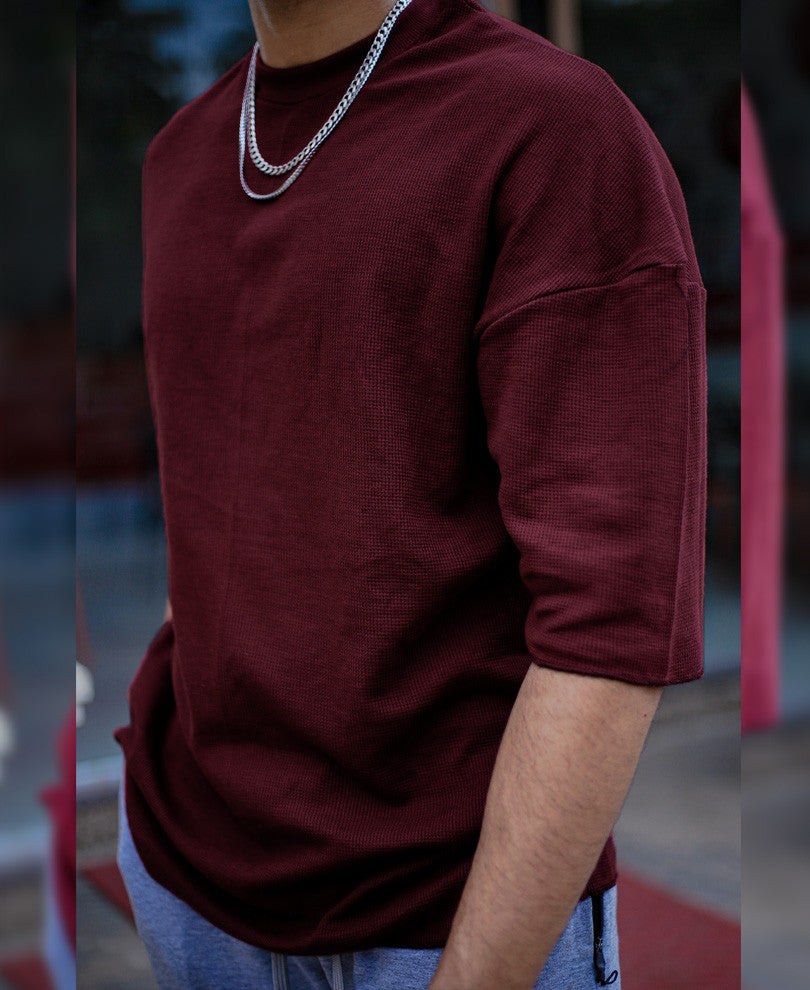 Urban Maroon Solid Oversize Drop Shoulder T Shirt