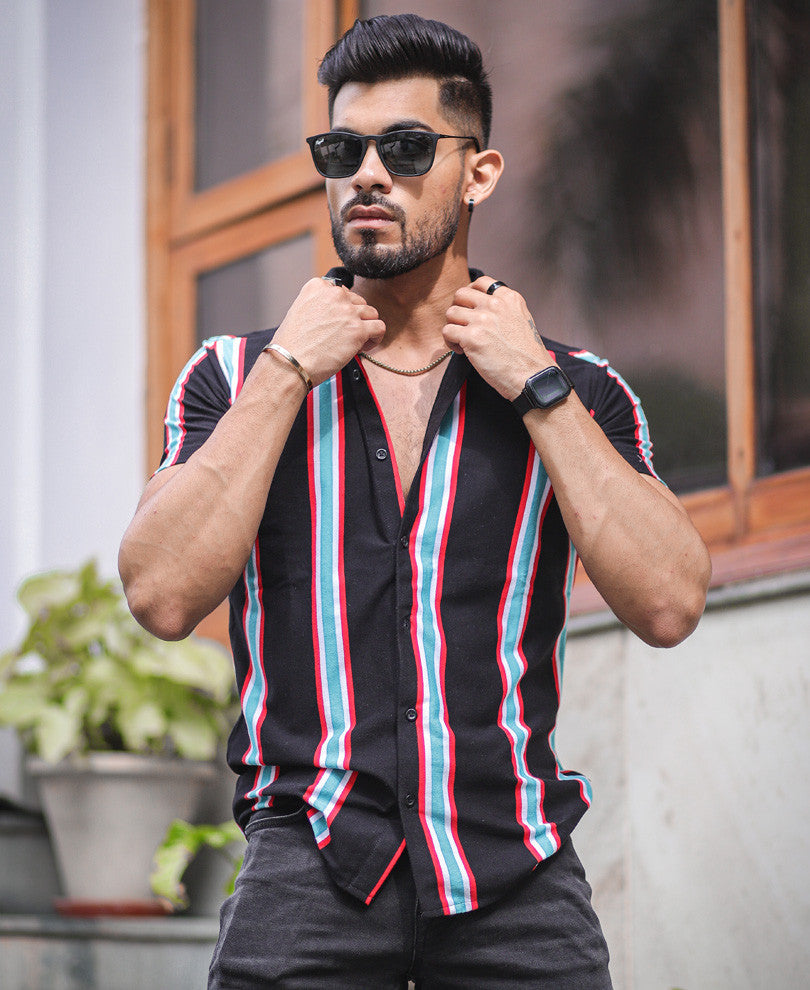 Black Multi Color Vertical Stripe Half Sleeves Shirt