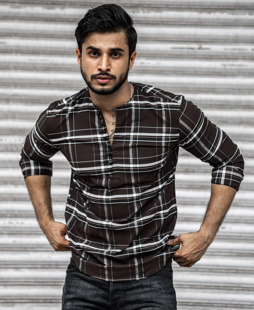 Brown Stretch Checks Kurta Full Sleeves Shirt