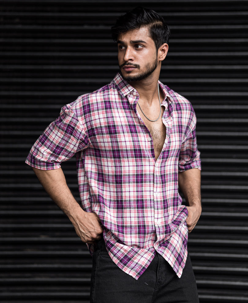 Pink Future Back Printed Checks Oversize Drop Shoulder Shirt