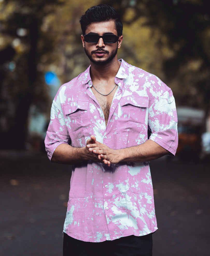 Purple And White Tie-Dye Print Pocket Oversize Drop Shoulder Shirt