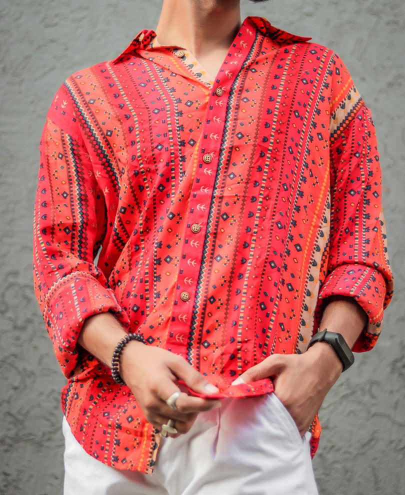 Red Vertical Stripe Mix Printed Full Sleeves Shirt
