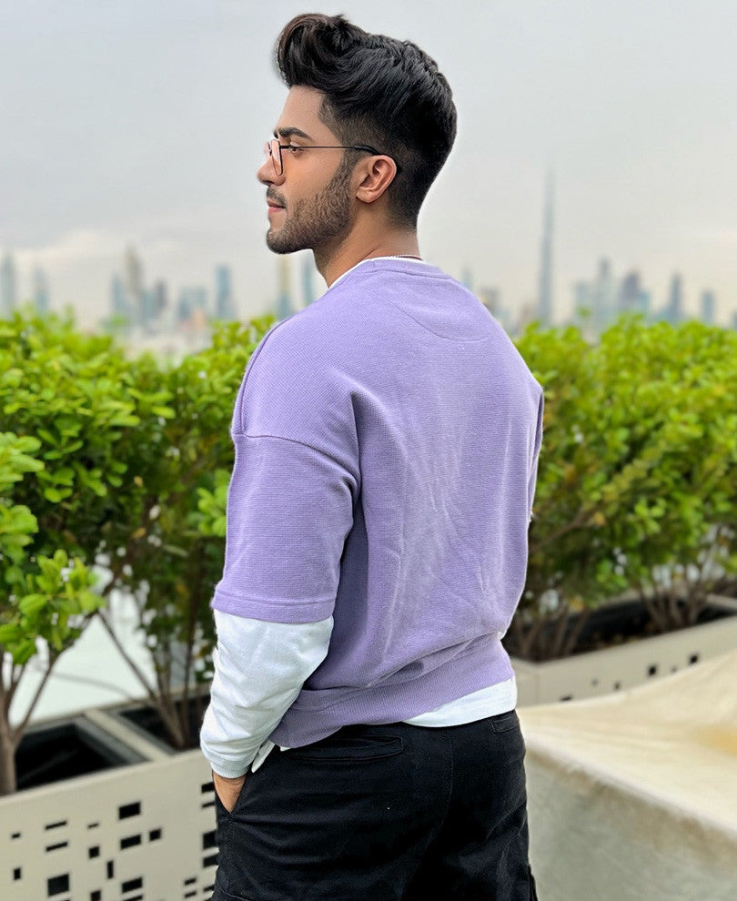 Purple With White Panel Attached Oversize Drop Shoulder T Shirt